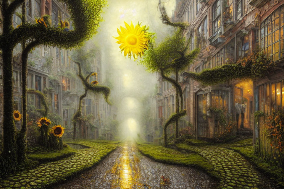 Fantasy cobblestone street with sunflower-shaped trees and glowing light near quaint buildings