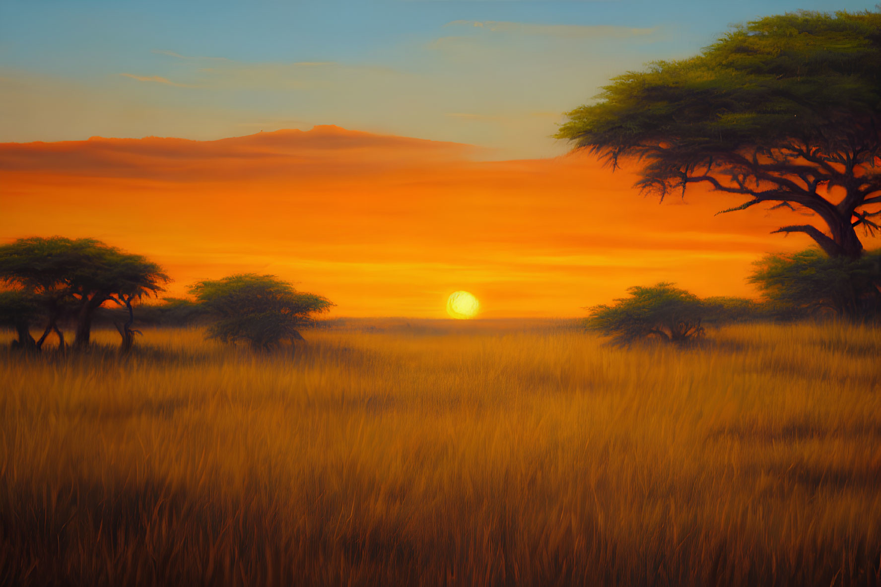 African savanna sunset with warm hues and silhouetted acacia trees