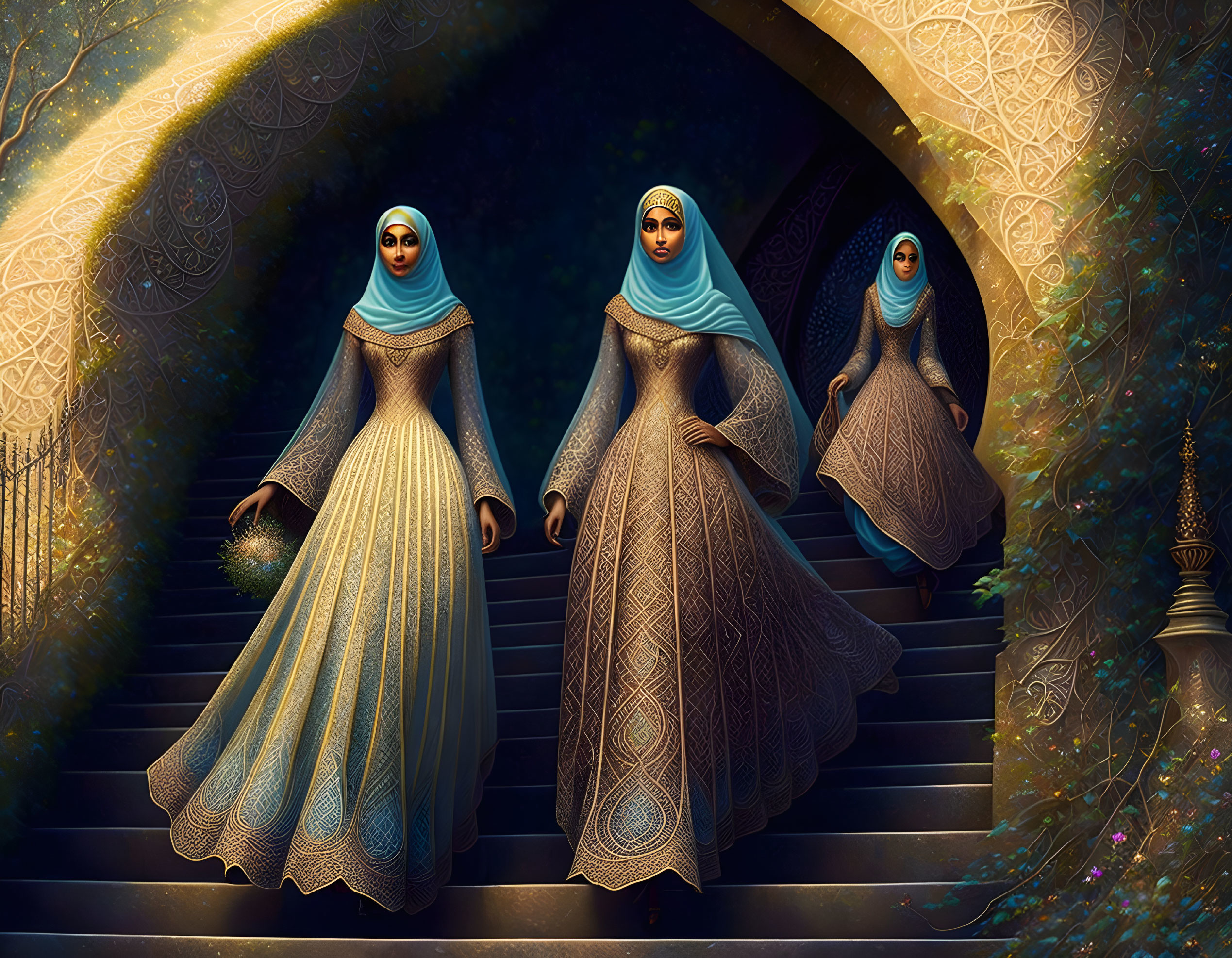 Three women in elegant dresses and hijabs descending ornate stairs in a mystical forest