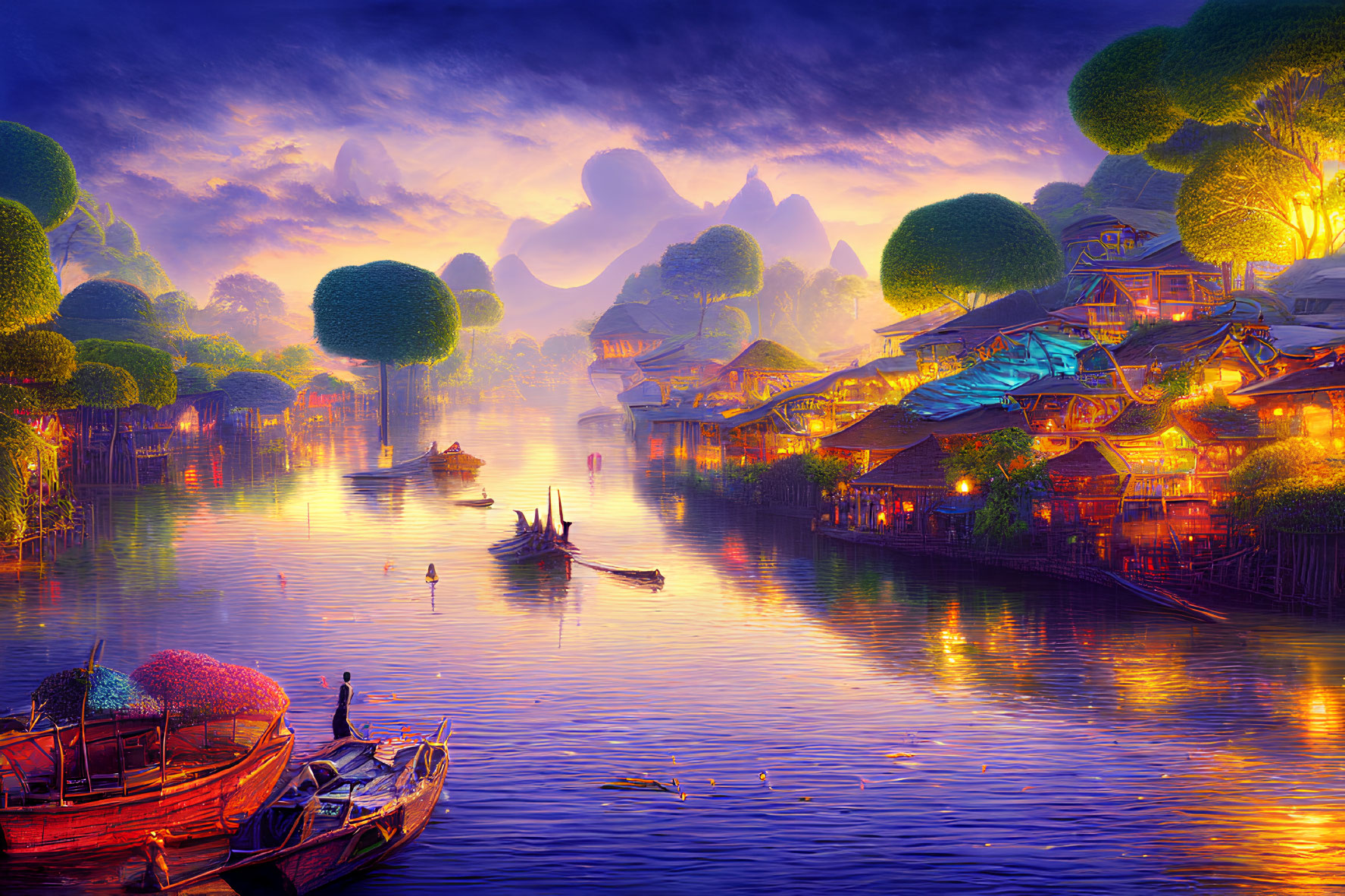 Serene river village at sunset with boats, colorful houses, trees, and mountains