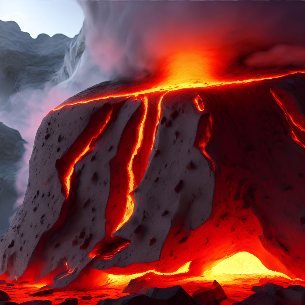 Ruptured rock spews lava under twilight sky