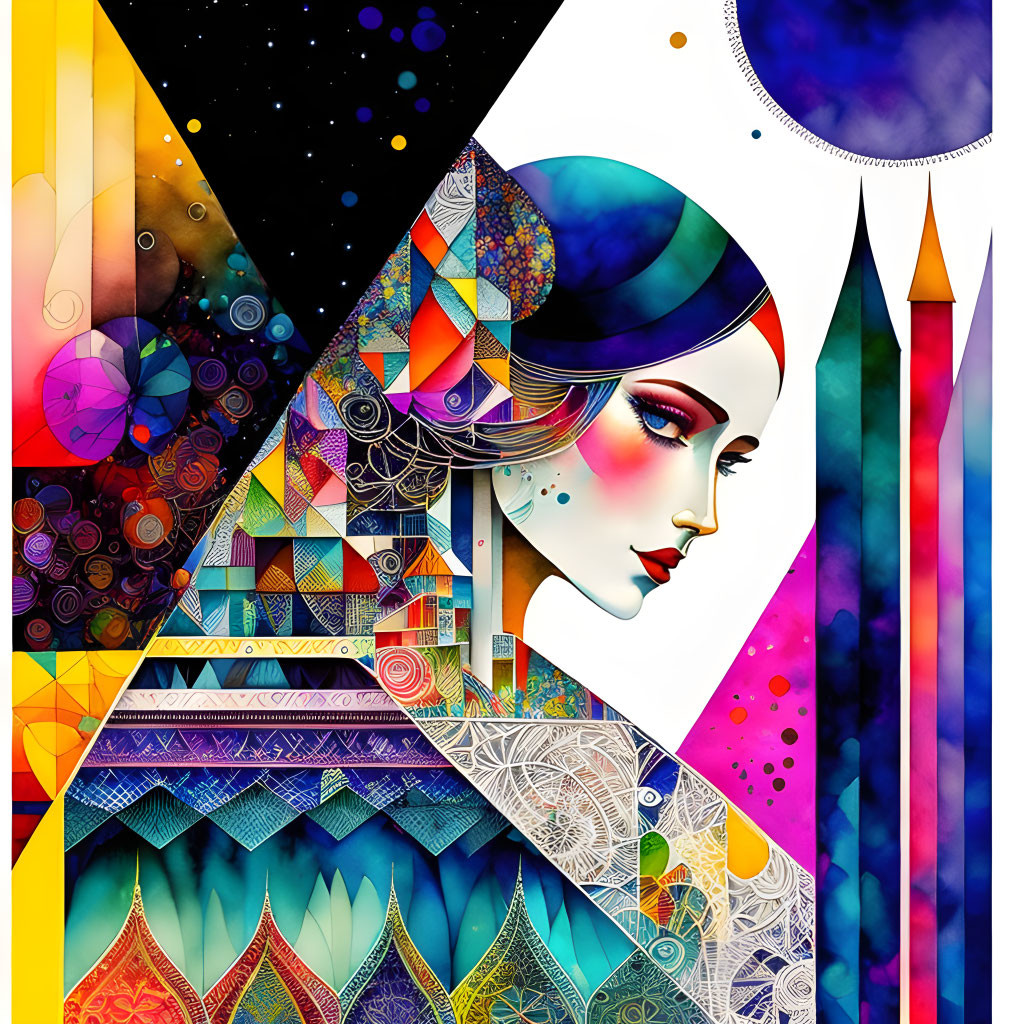 Colorful abstract art: woman's profile with geometric and cosmic patterns