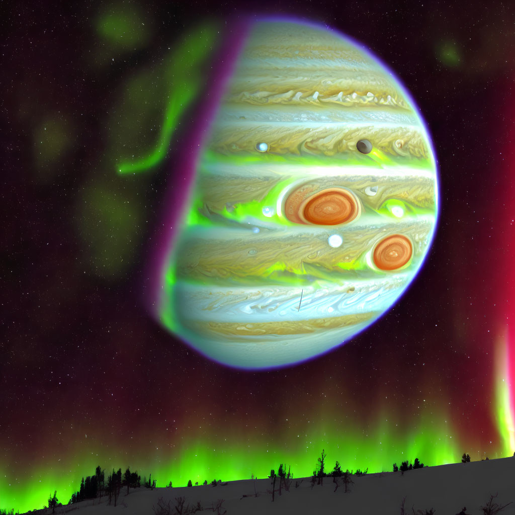 Detailed digital artwork: Colossal Jupiter over snowy landscape with northern lights