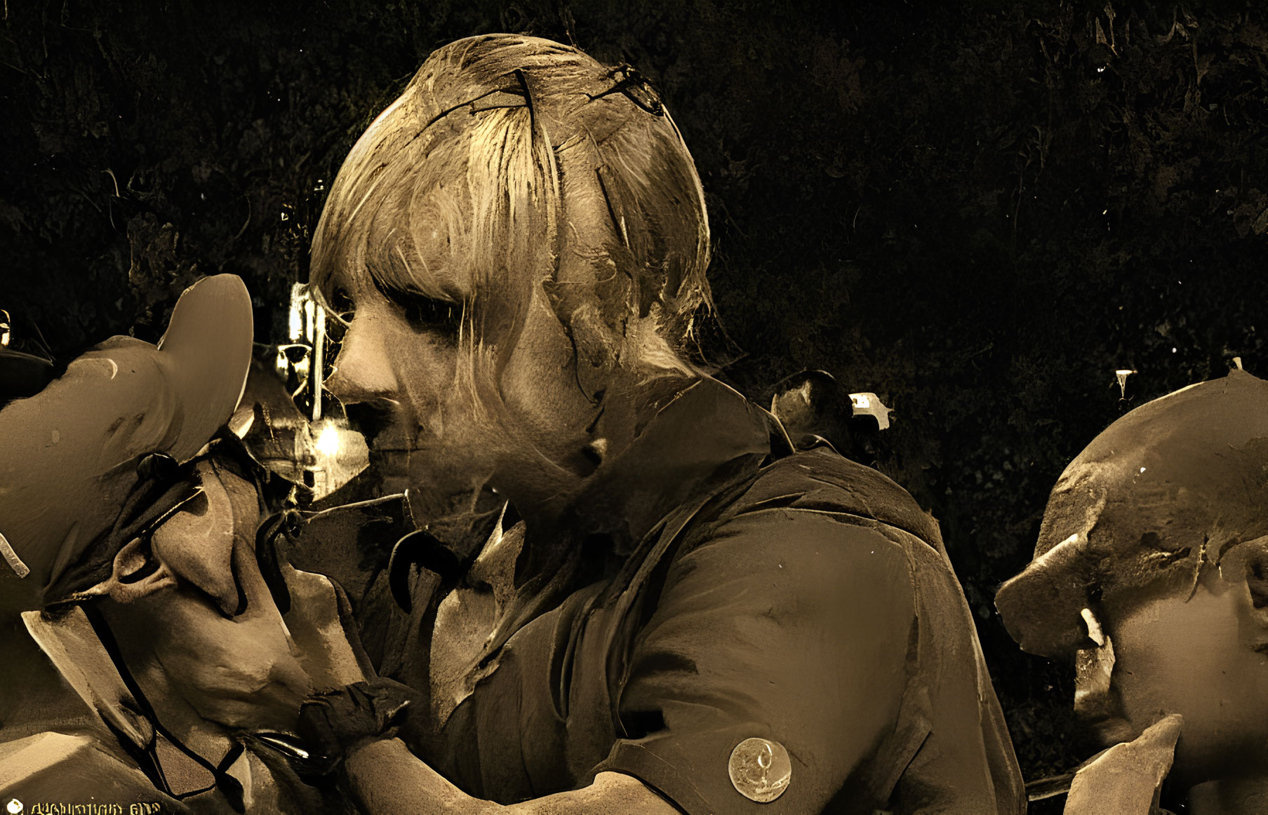 Vintage sepia-toned image of a person in uniform with shoulder-length hair holding a helmet