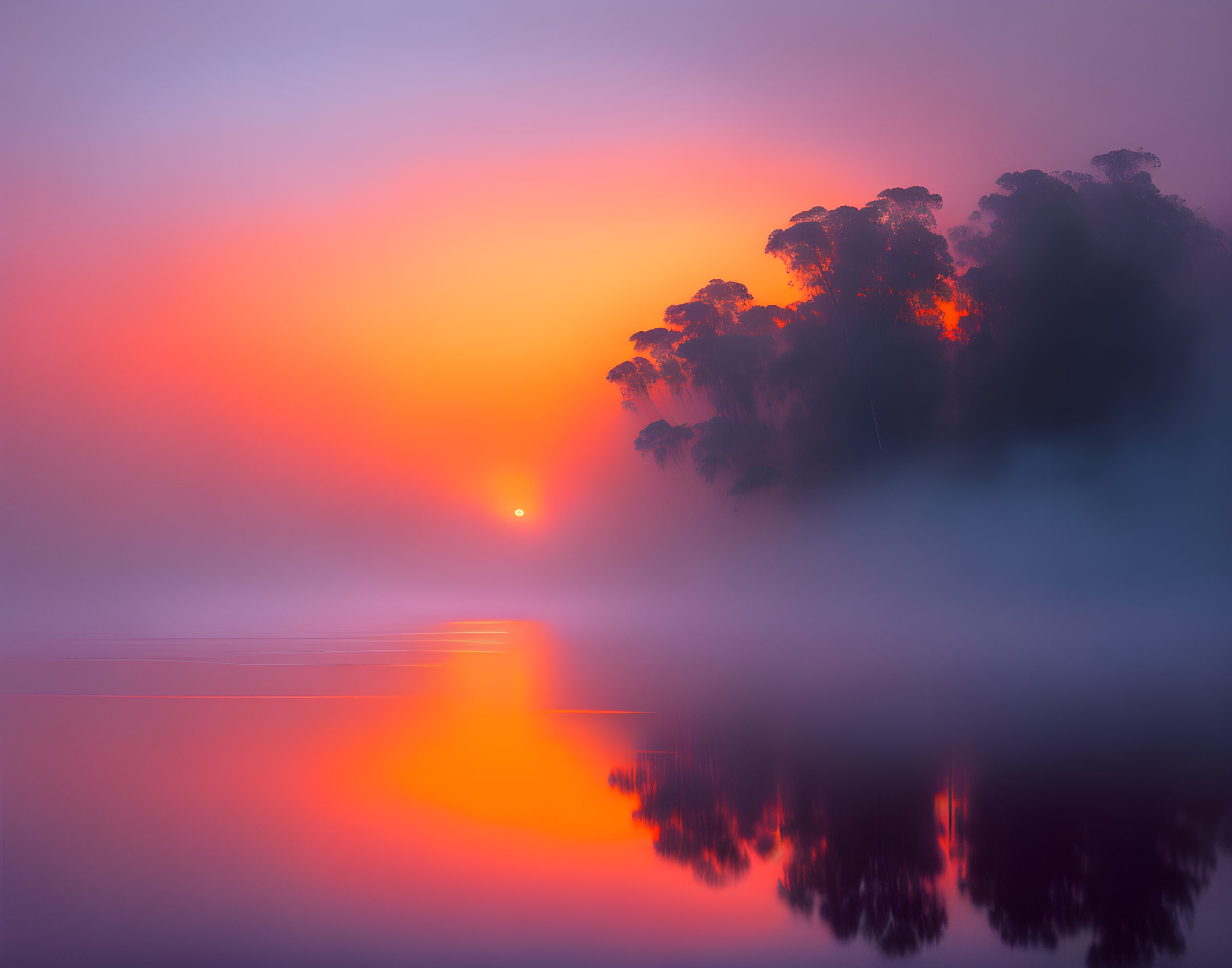 Tranquil sunrise over misty lake with pink and orange hues