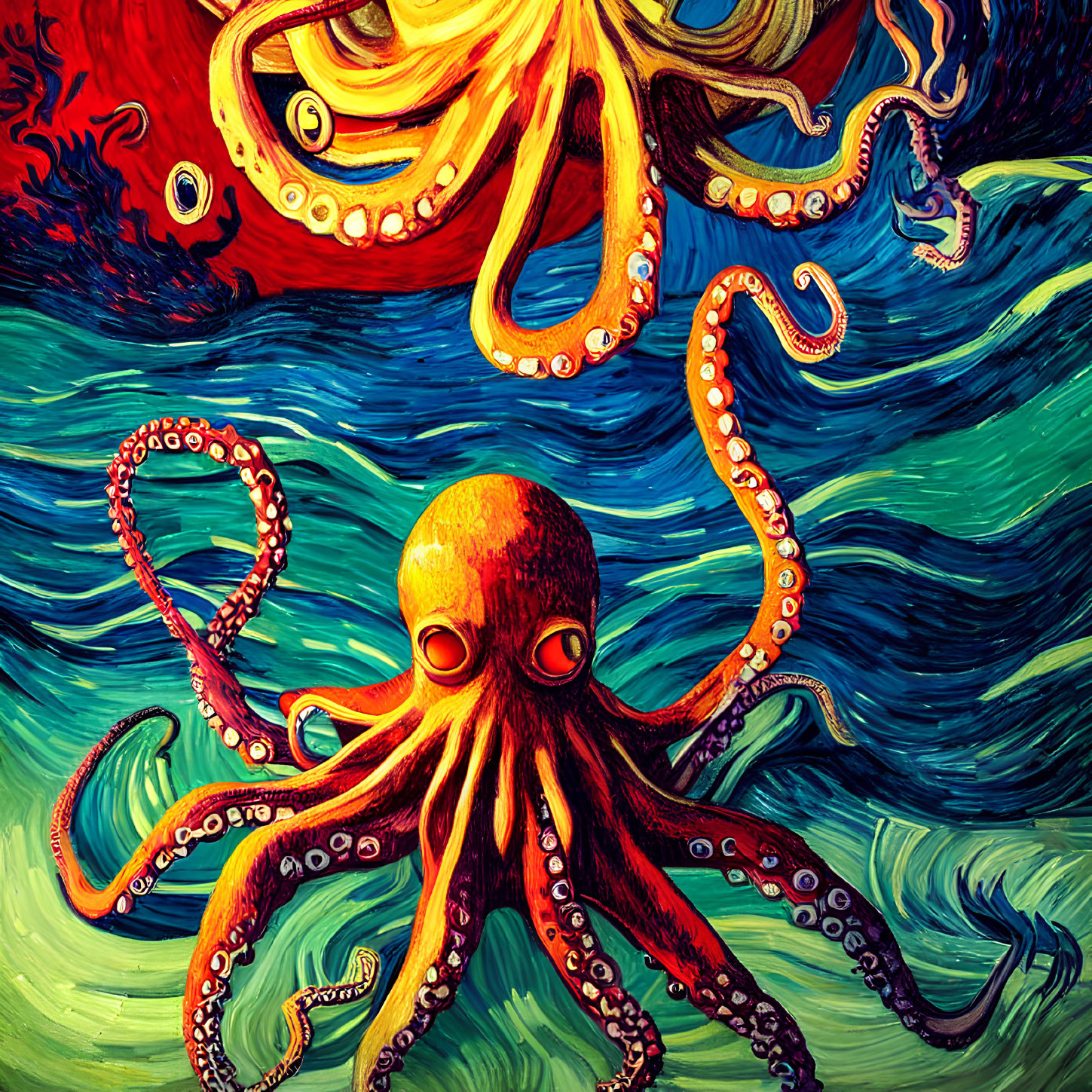 Colorful Octopus Painting in Van Gogh Style Seascape