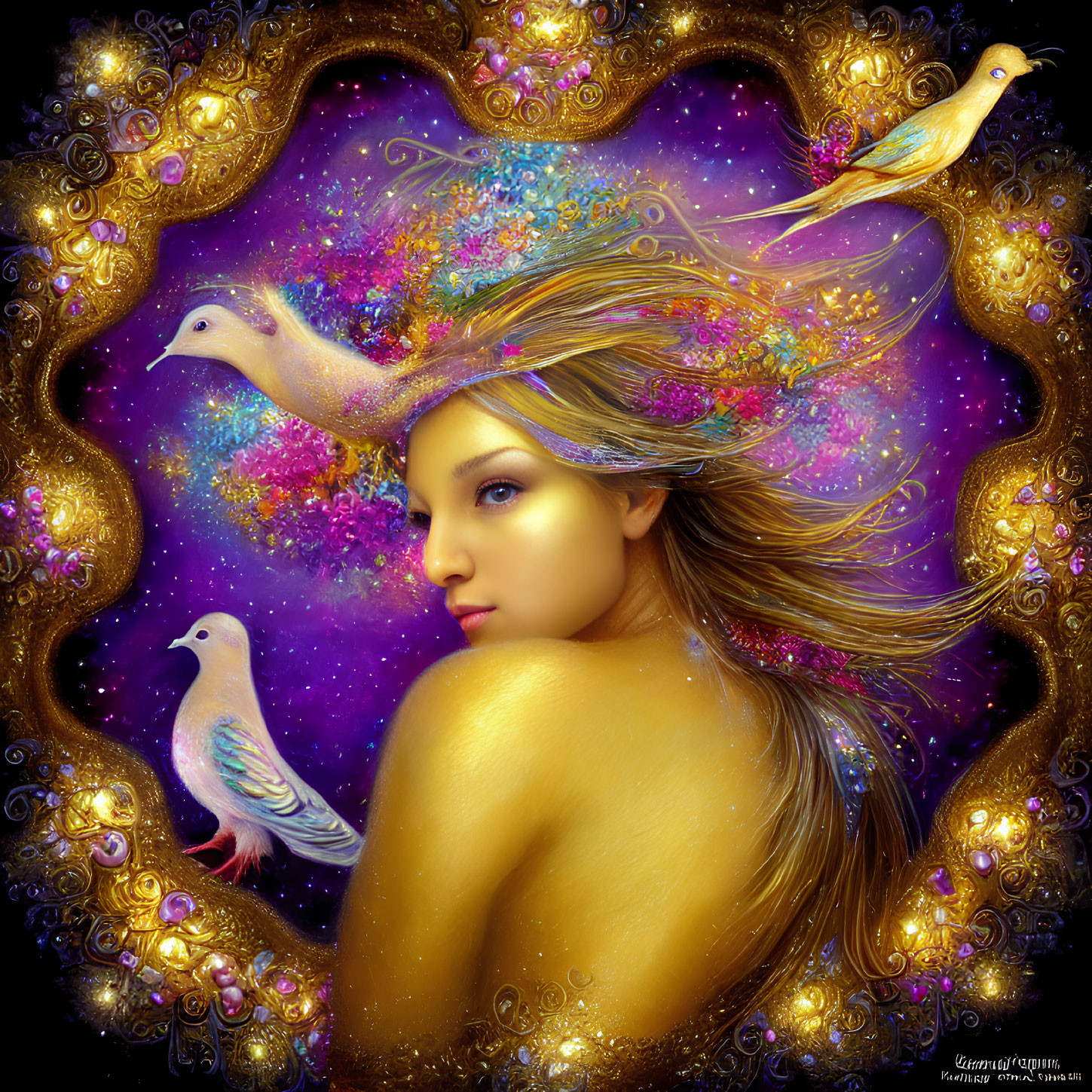 Golden-skinned woman with flowing hair in cosmic setting with doves