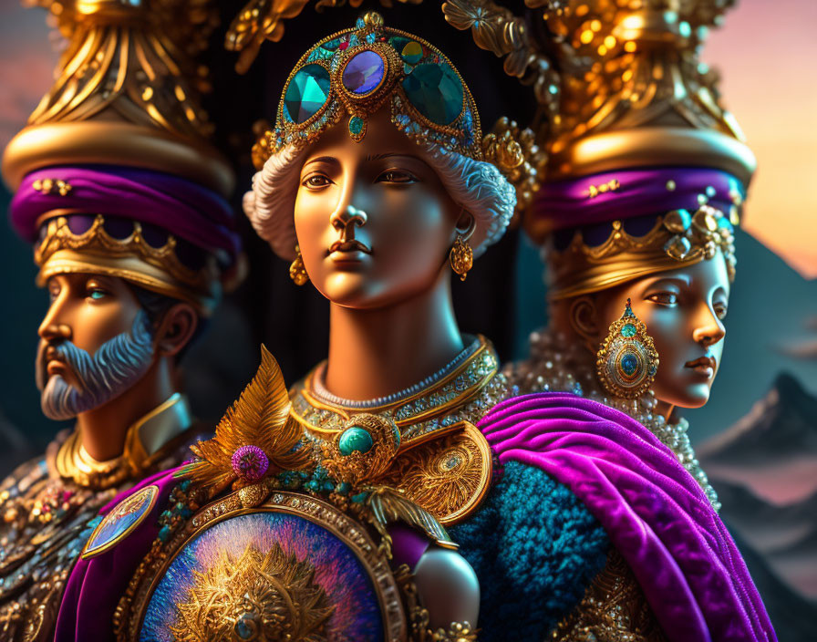 Regal Trio in Golden Headpieces and Jewelry Against Mountain Backdrop