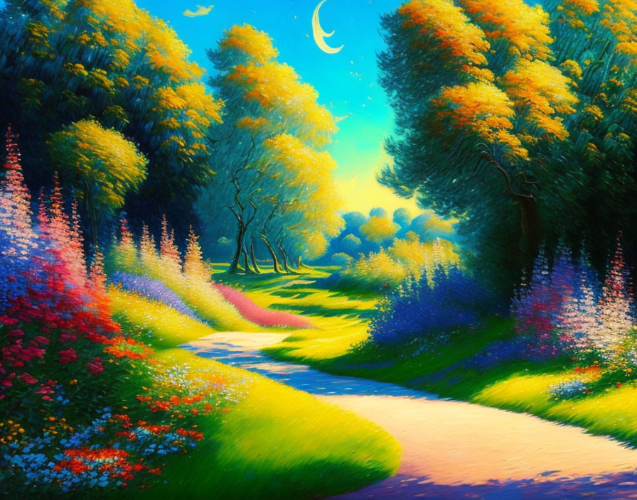 Colorful forest path with trees, flowers, and crescent moon