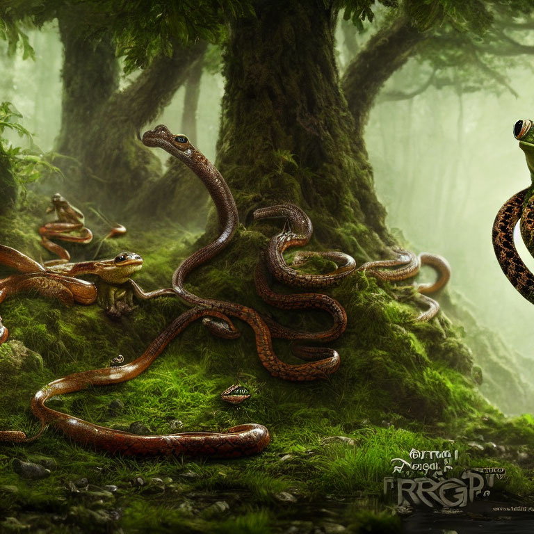 Detailed Forest Scene with Snakes, Frogs, Moss