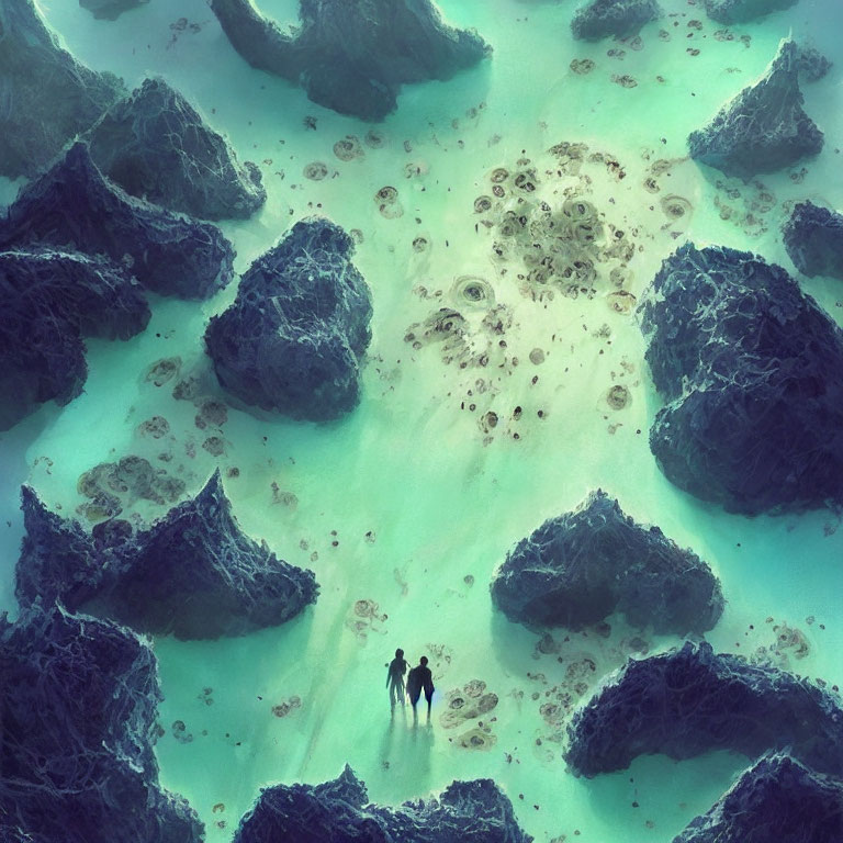 Adventurous duo in surreal turquoise waters and rock formations