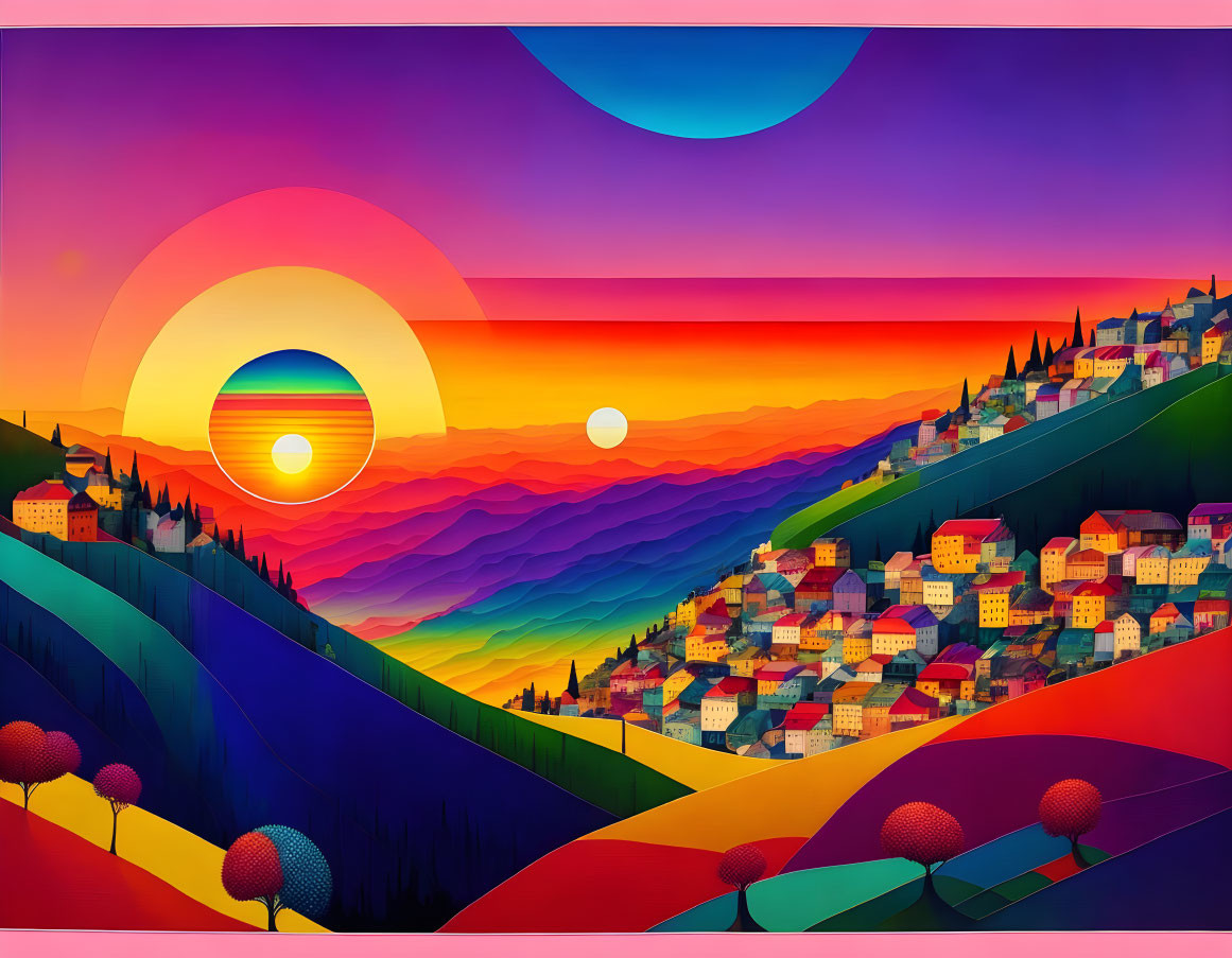 Colorful Landscape Art with Layered Hills and Multiple Suns/Moons