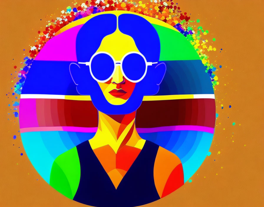 Vibrant abstract art of stylized figure with sunglasses on colorful circular background.