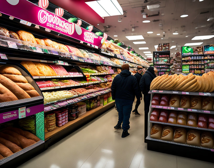 Brightly Lit Grocery Store Aisle with Fresh Bread and Bakery Products