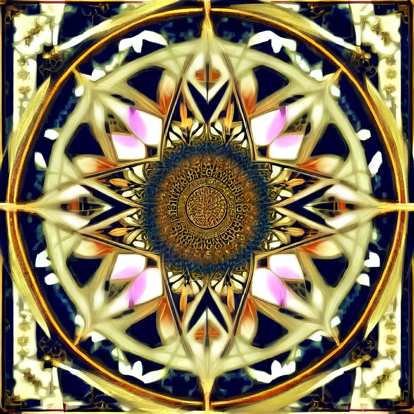 Symmetrical golden mandala with kaleidoscopic patterns in blues, pinks, and whites on