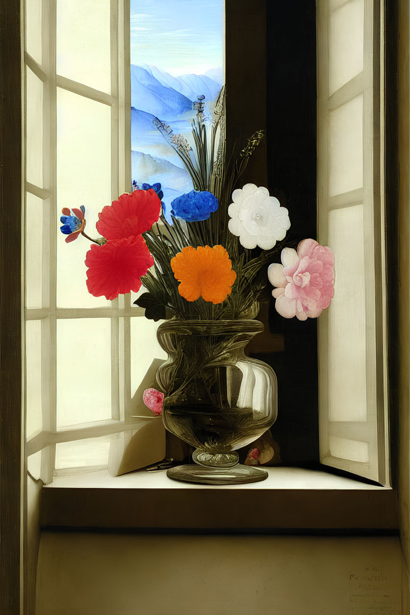 Colorful Flowers in Glass Vase on Windowsill with Mountain Landscape View