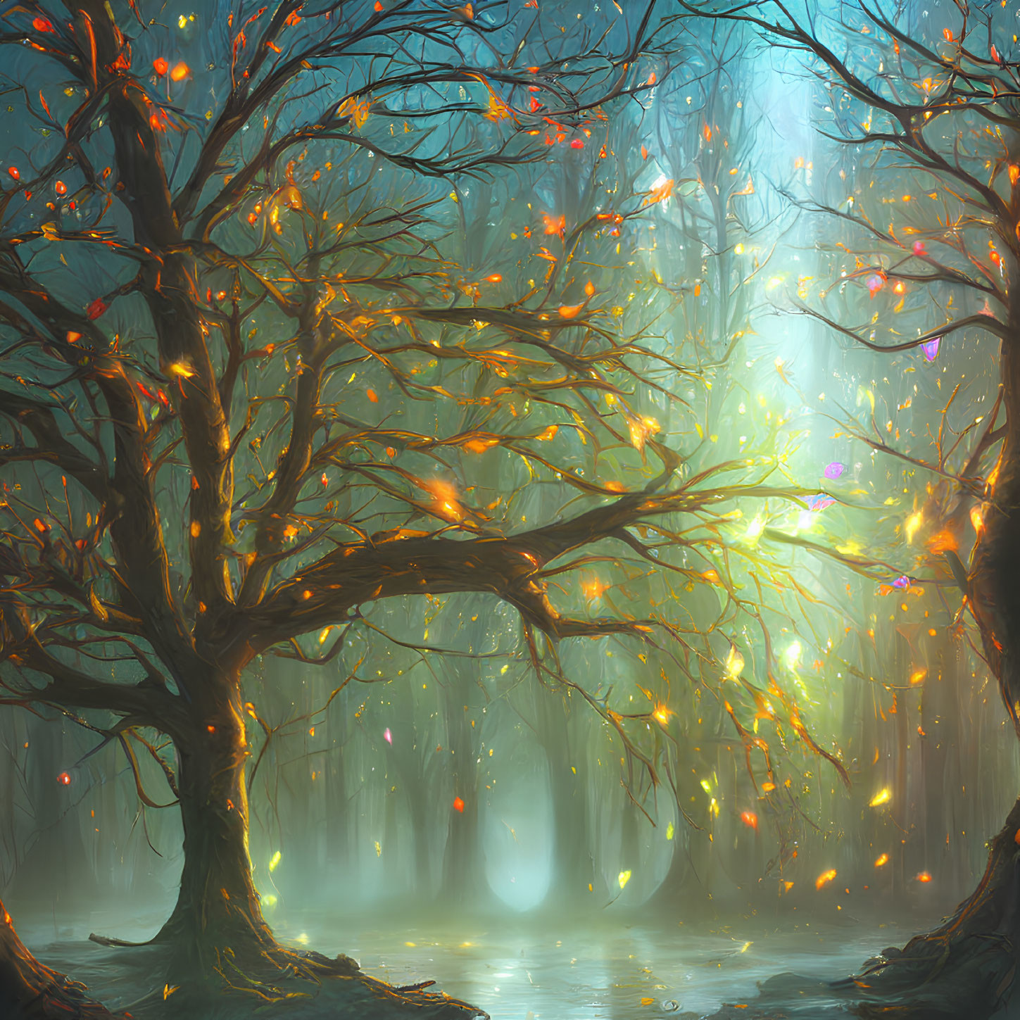 Twisted trees and radiant lights in misty forest scene