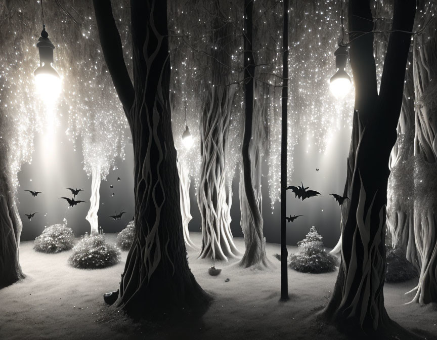 Monochrome fantasy forest with glowing lanterns and mystical ambiance