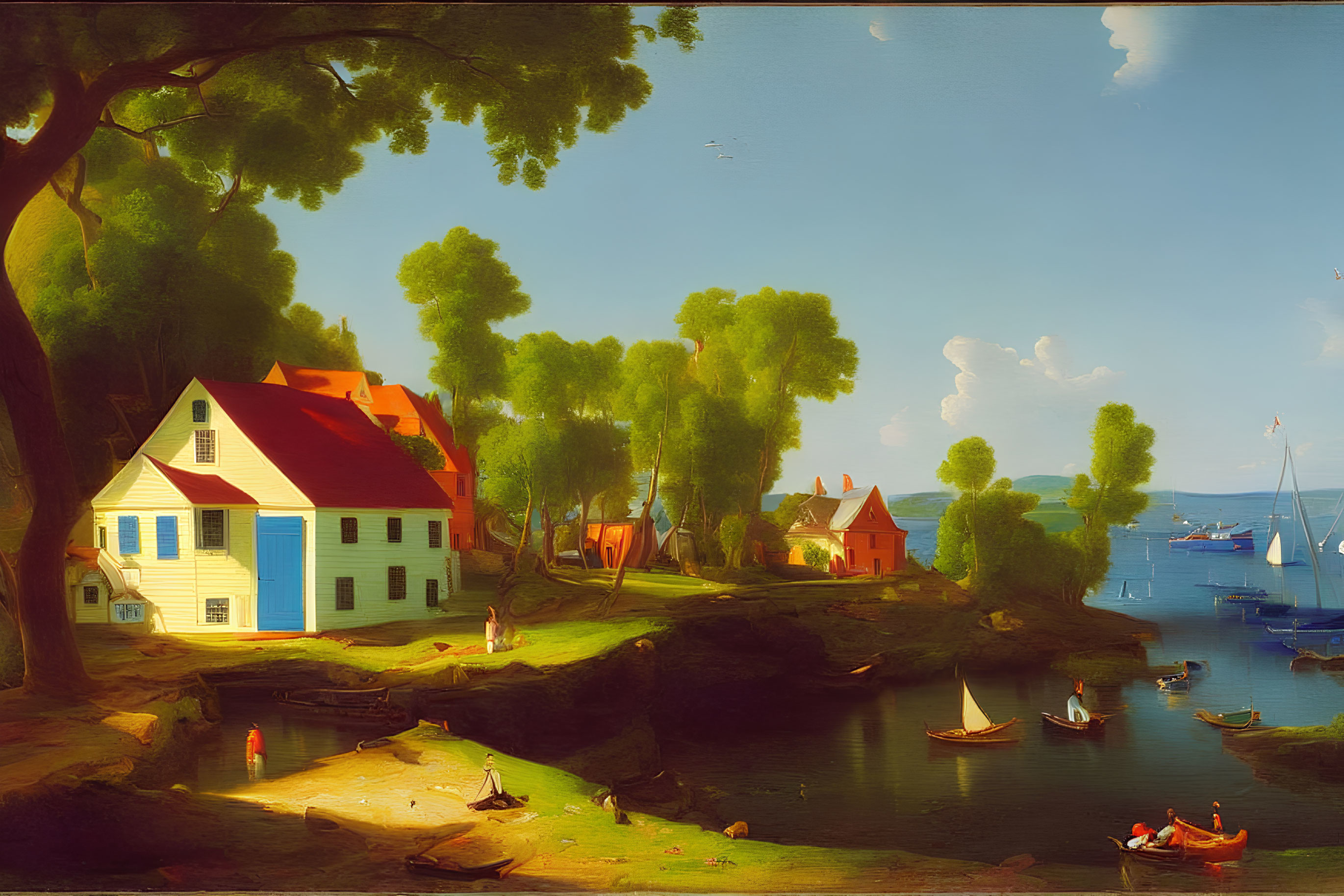 Tranquil landscape with sailboats, colonial houses, and lush trees