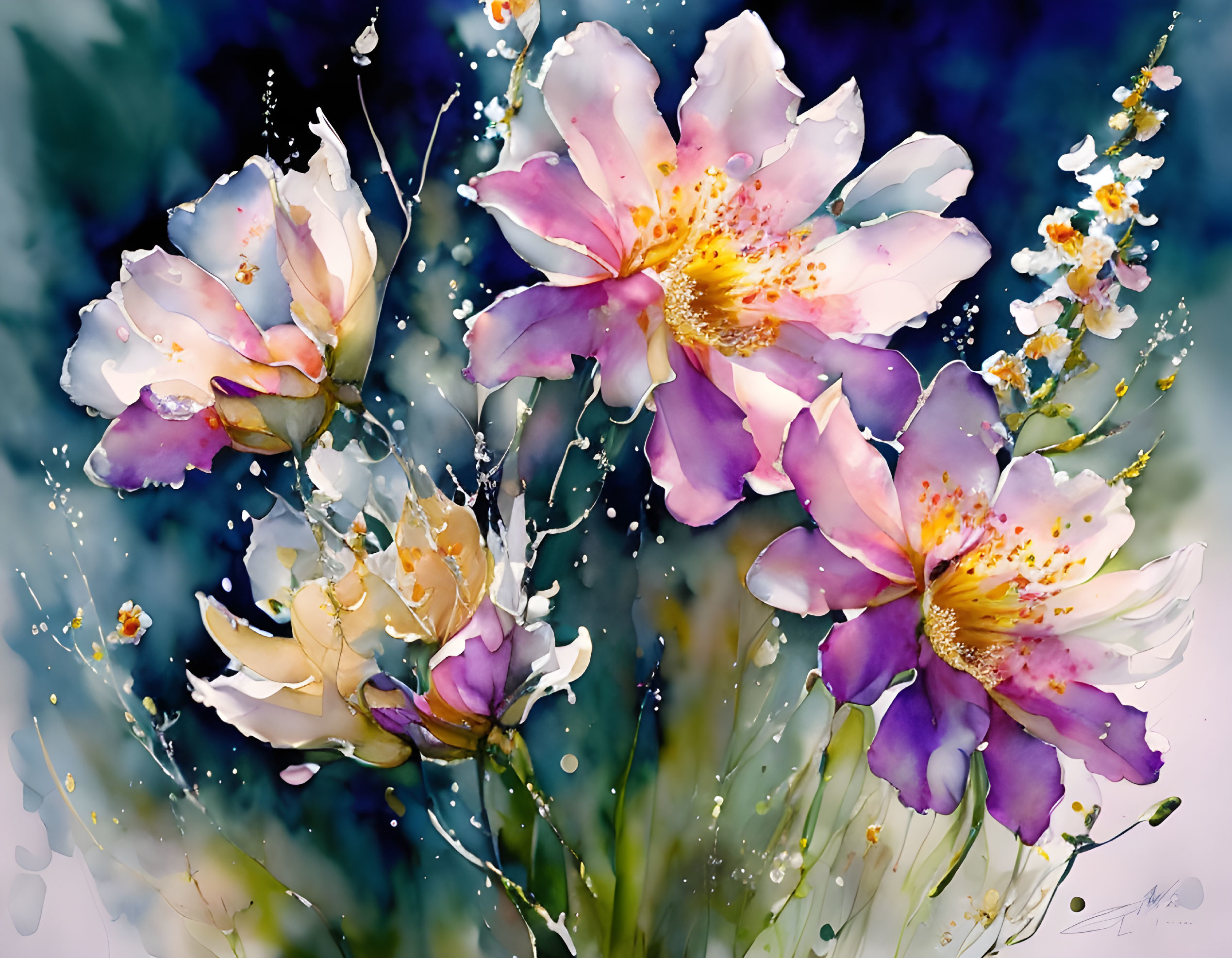 Colorful Watercolor Painting of Multicolored Flowers and Splashes