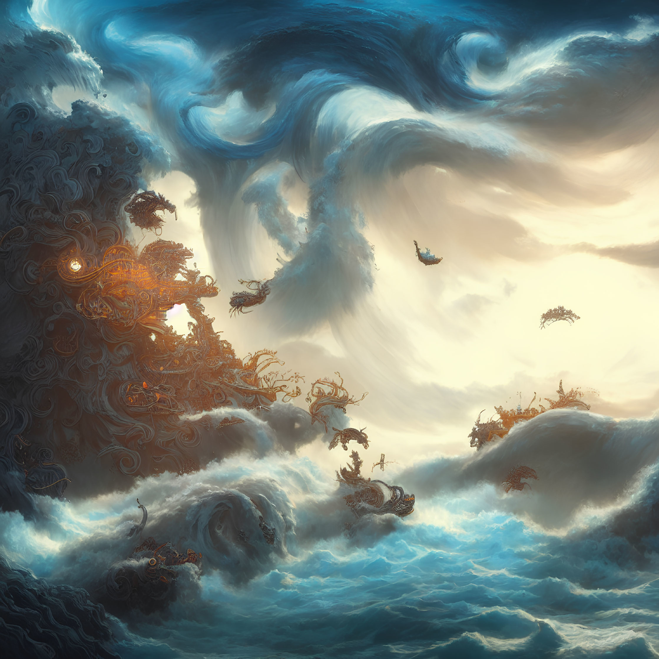 Fantastical seascape with turbulent waves and mythical creatures under dramatic sky