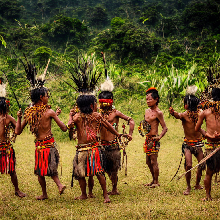 Indigenous people in traditional attire performing dance in grassy field