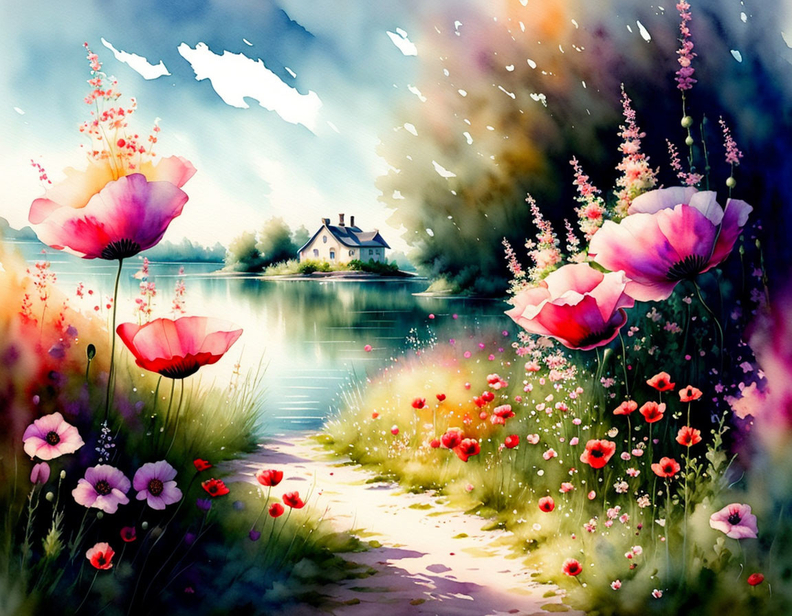 Vibrant pink poppies by a serene lakeside path