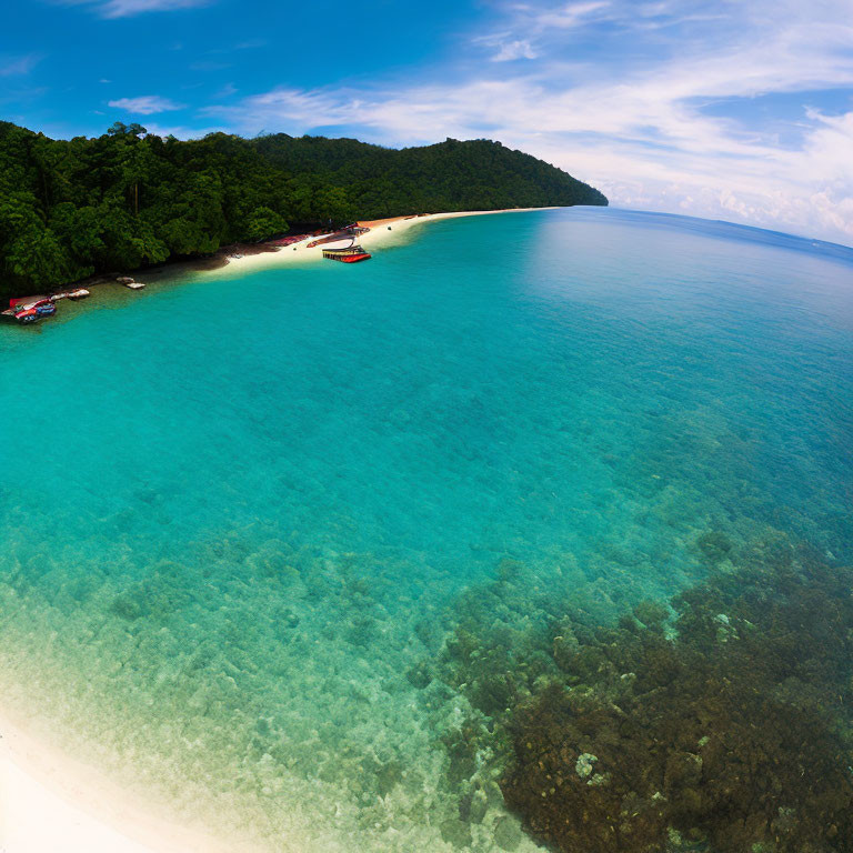 Scenic tropical beach with turquoise waters, coral reef, boats, and lush forest landscape