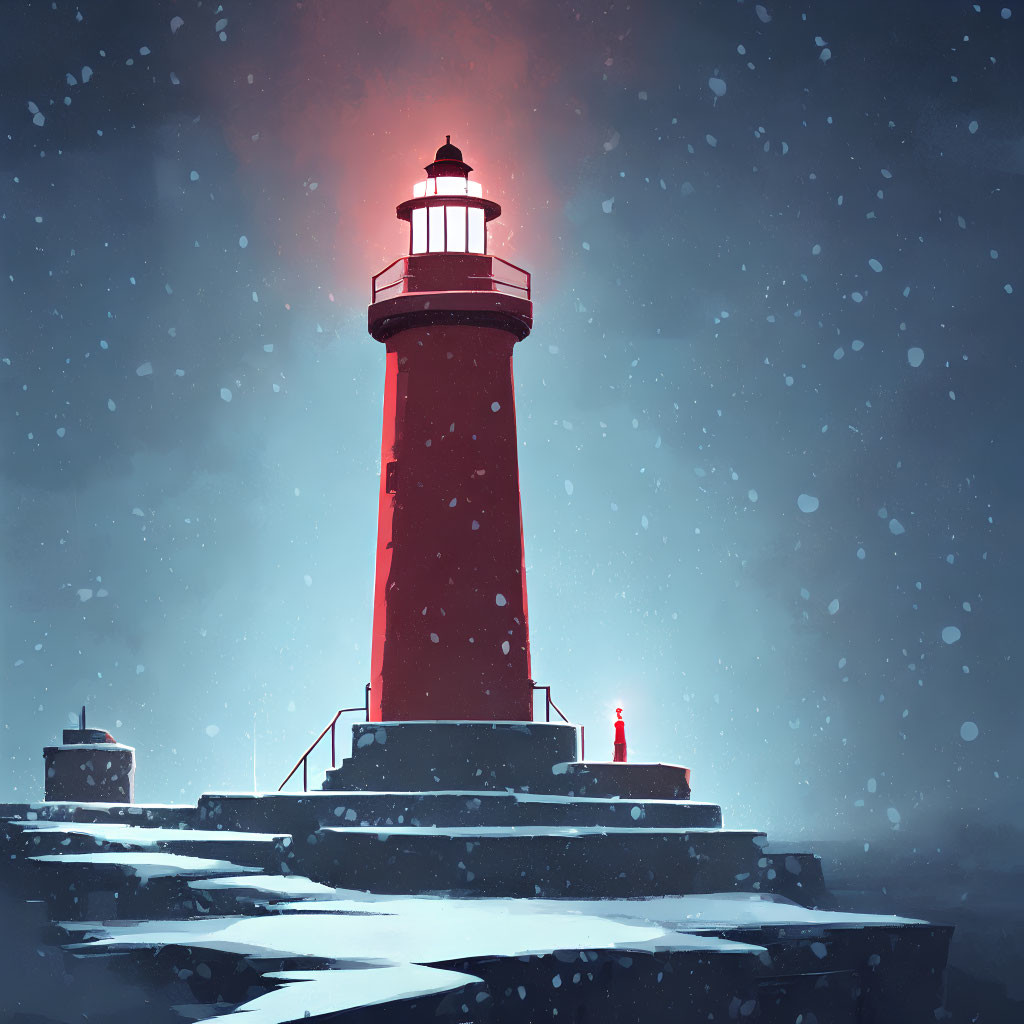 Red lighthouse in snowy landscape with soft glow and falling snowflakes