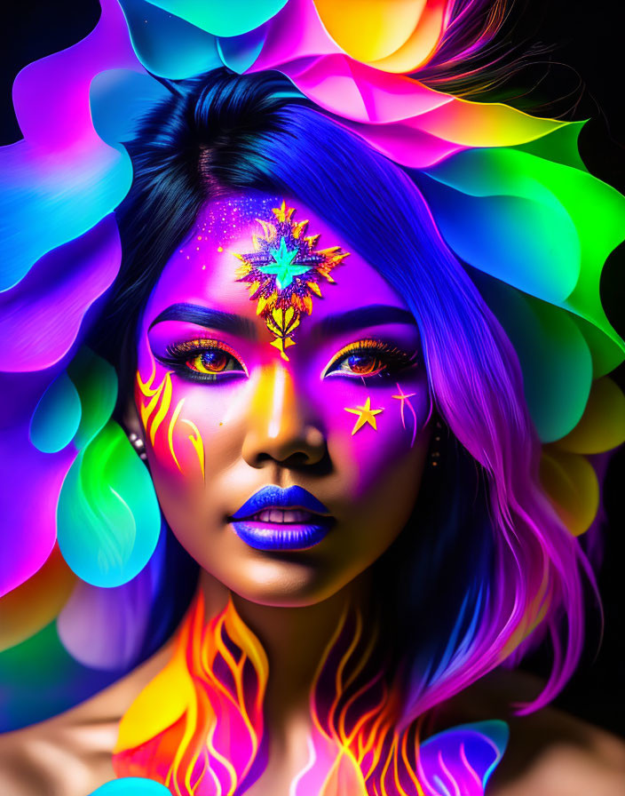 Vibrant rainbow makeup and body art with star and colorful petals.