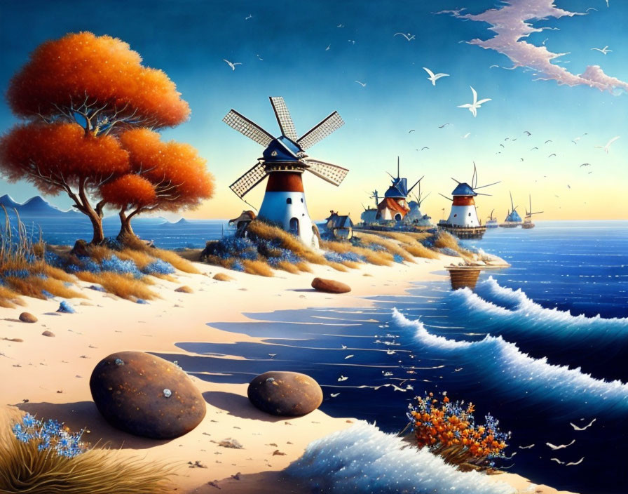 Tranquil beach scene with windmills, autumn trees, waves, pebbles, sail