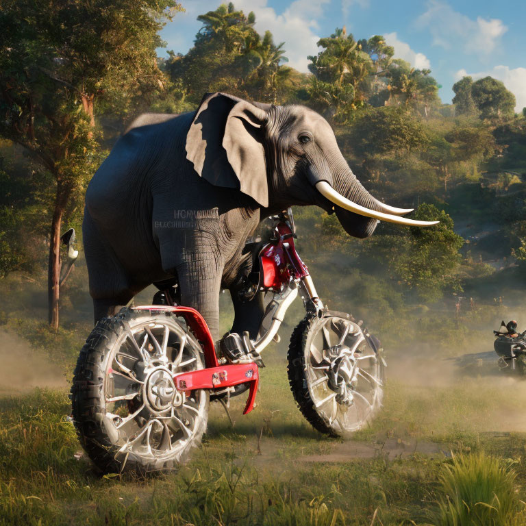 Elephant on Red Motorcycle in Dusty Landscape with Green Trees