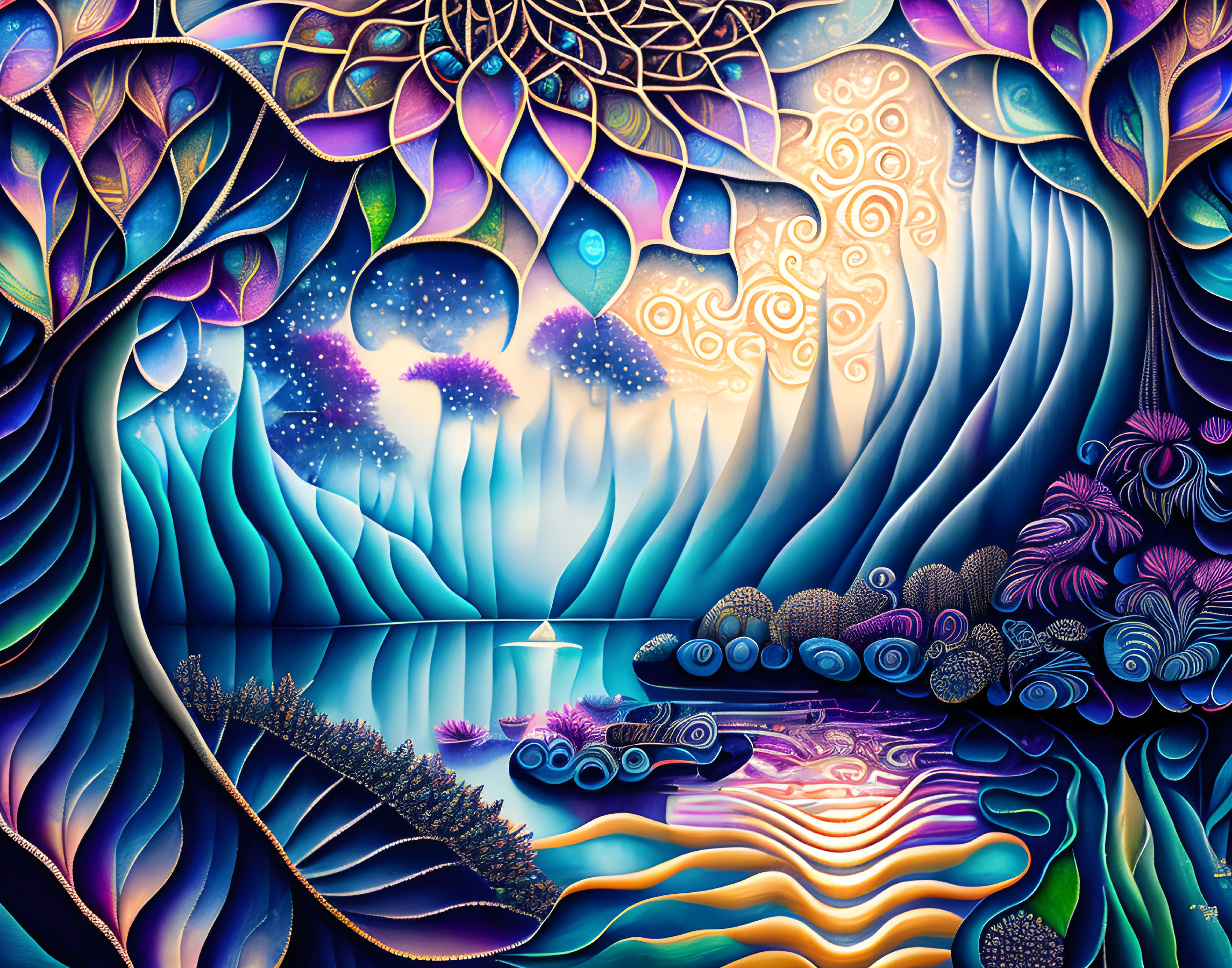 Colorful Psychedelic Artwork: Dreamlike Landscape with Trees, Waves, and Celestial Elements