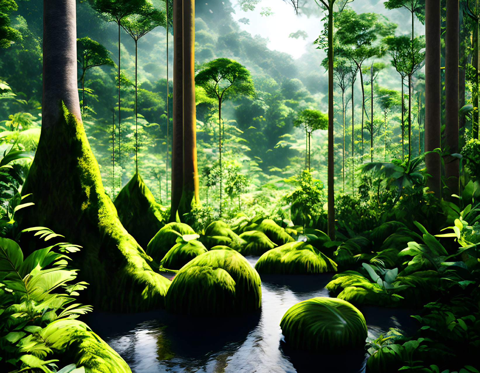 Serene forest scene with towering trees, vibrant undergrowth, and flowing stream