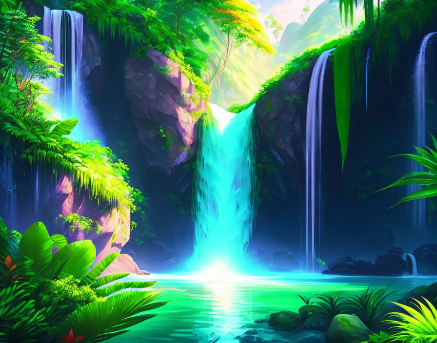 Tropical forest with waterfalls and blue pool under sunlight