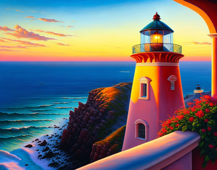 Scenic red lighthouse painting by the ocean at sunset