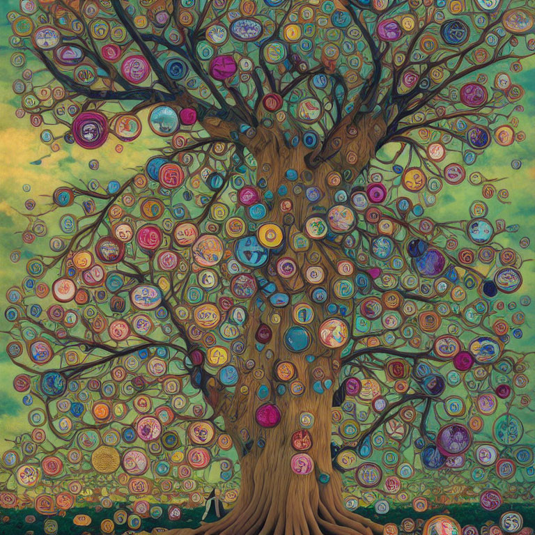 Colorful Vibrant Tree Illustration with Intricate Patterns and Circular Designs