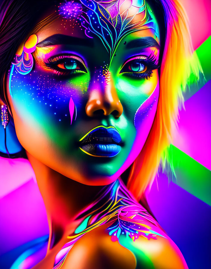 Neon body paint portrait of a woman under black light