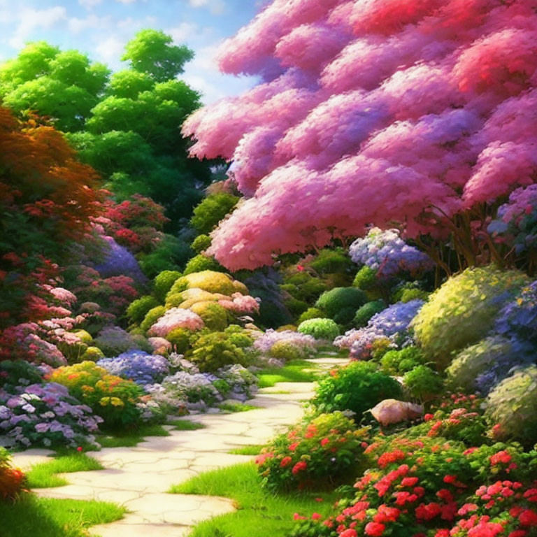 Lush pink trees and colorful shrubs in vibrant garden path