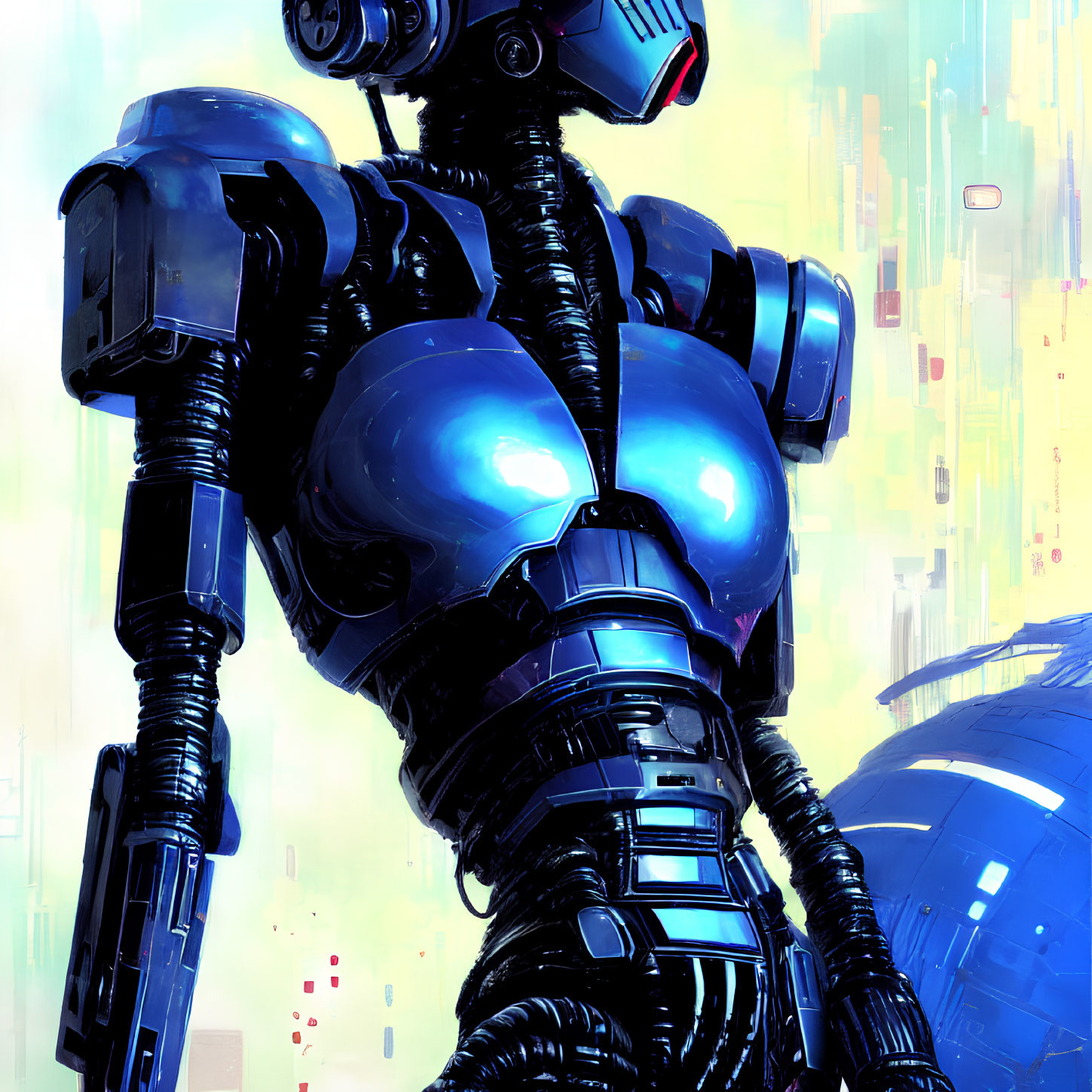 Futuristic blue and black robot in cybernetic cityscape