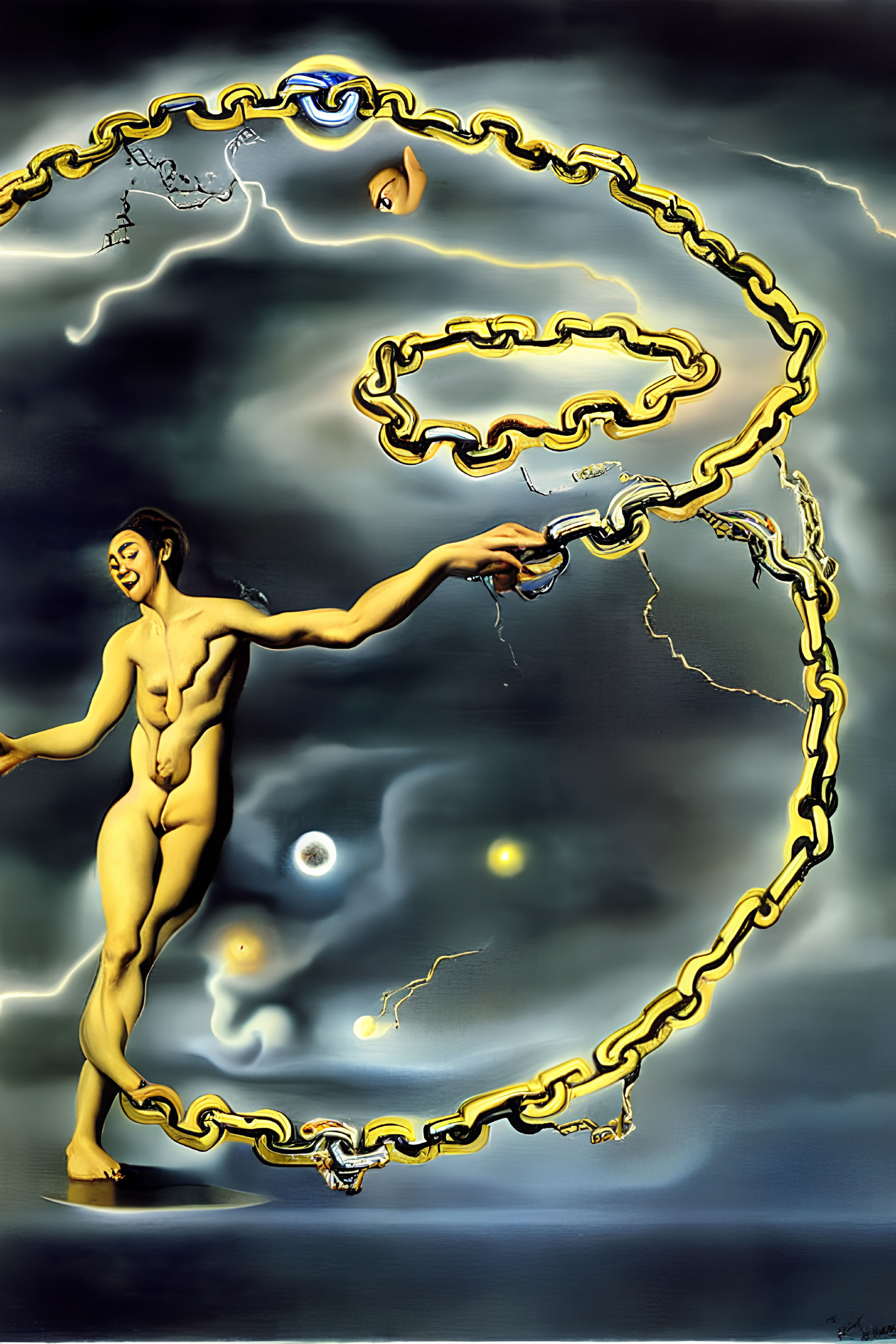 Surreal painting: Nude figure drawing golden spiral amidst celestial bodies