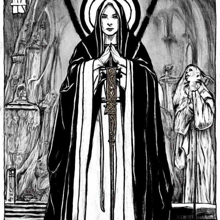 Monochrome illustration of stern figure in religious robes with cross and ecclesiastical architecture.