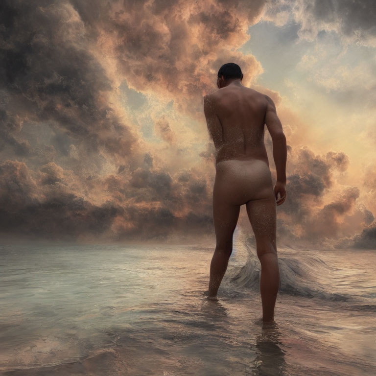 Person wading in the sea at sunrise with swim cap, dramatic sky