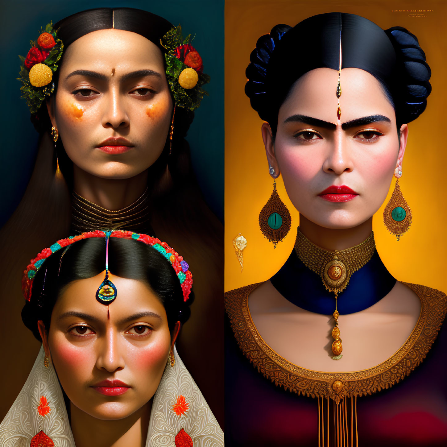 Symmetric portraits of a woman with floral headpieces against golden backdrop