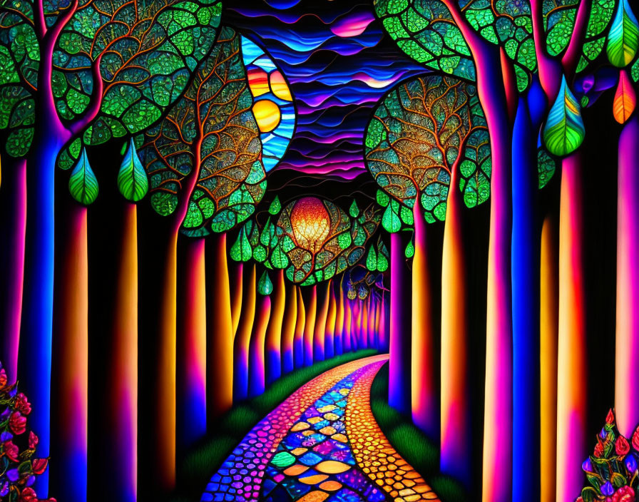 Colorful Psychedelic Forest Pathway at Sunset