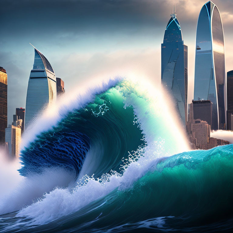 Towering Wave Crests in Modern City Skyline Scene