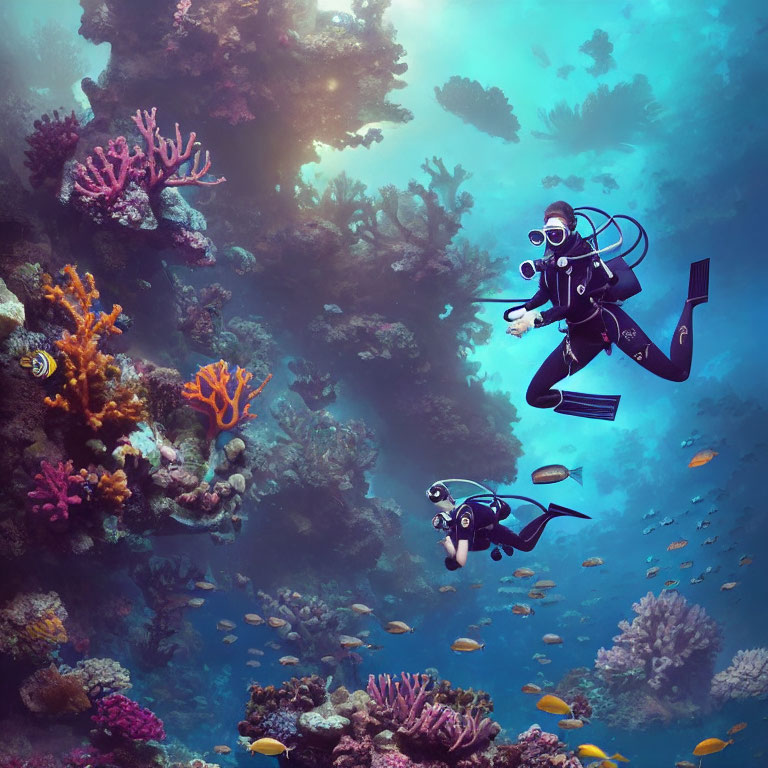 Underwater Diver Among Colorful Coral Reefs and Fish