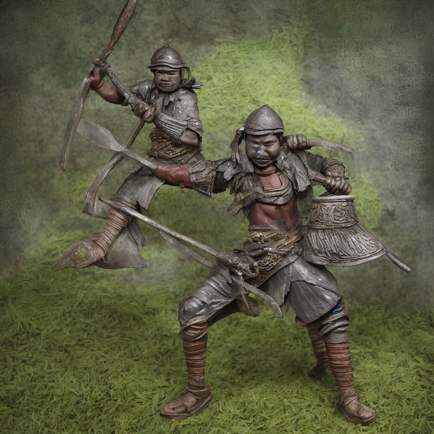 Detailed miniature ancient warrior figurines: bow-wielder and sword-bearer on green background