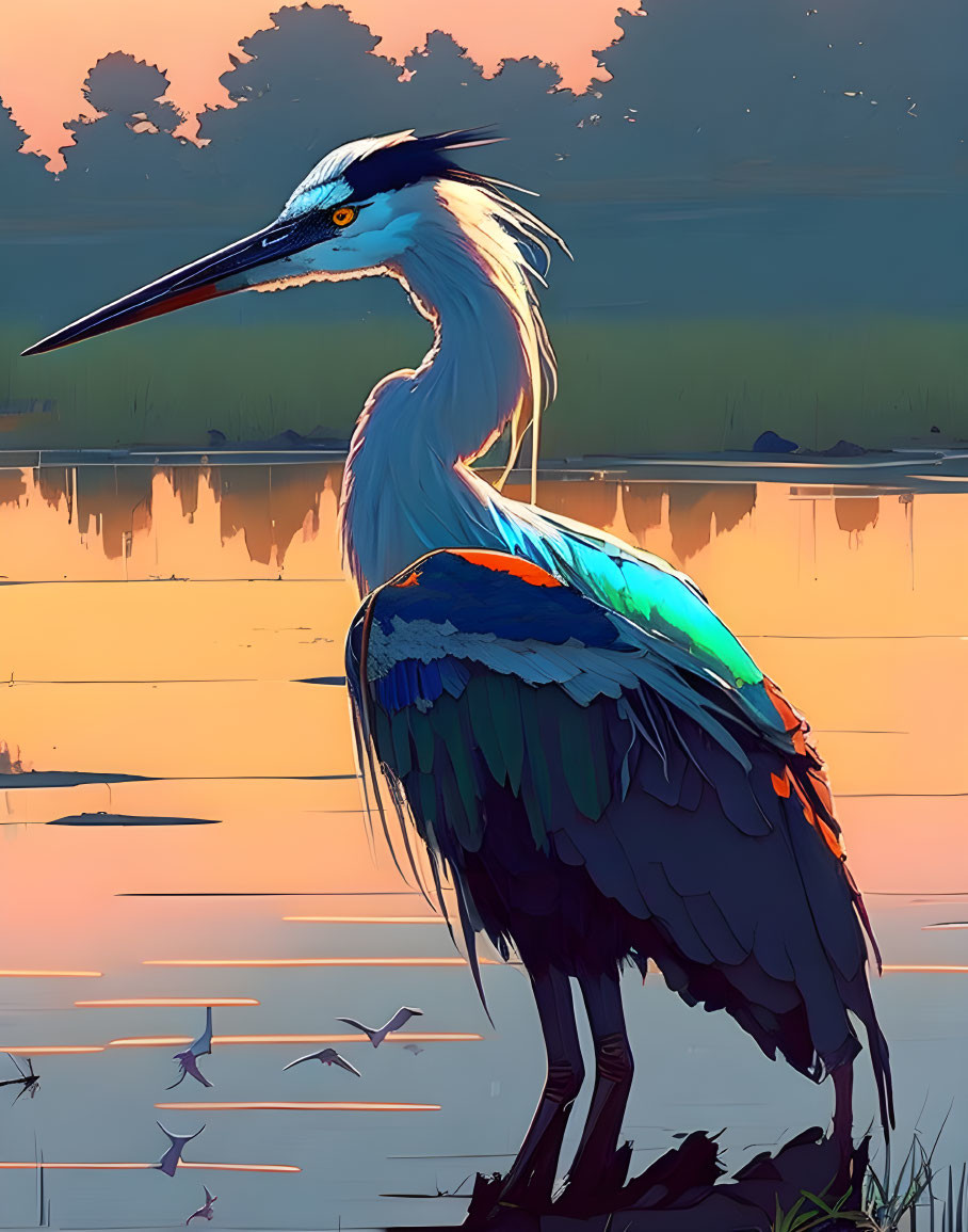 Colorful Heron Illustration at Waterside with Sunset Reflections