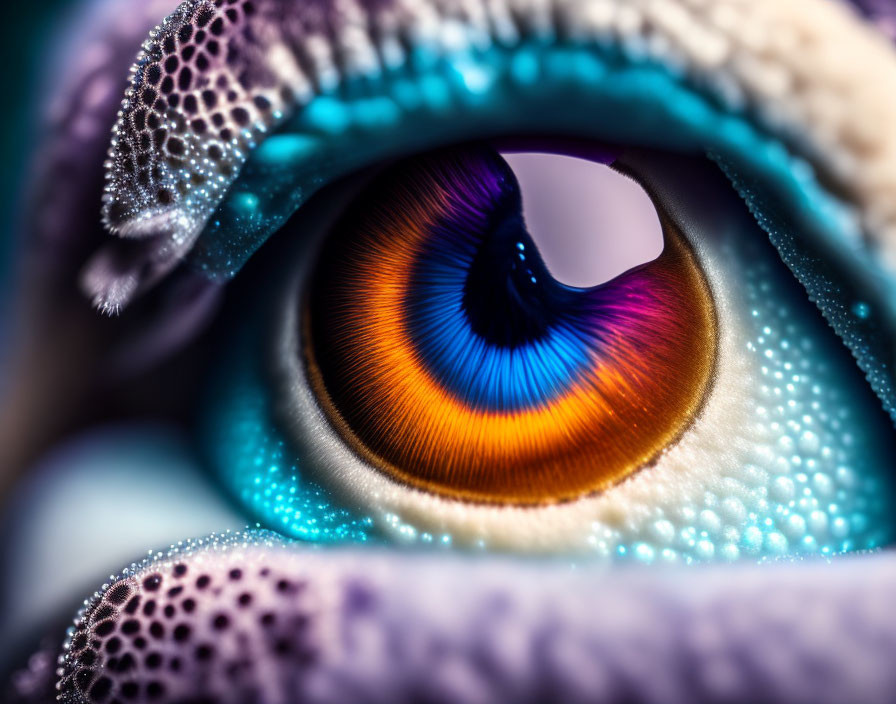 Detailed Close-Up of Vibrant Multicolored Eye Surrounded by Textured Fabrics